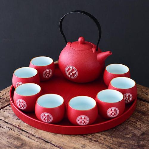 结婚茶具套装茶壶敬茶杯红色陪嫁新婚喜庆送人婚礼品礼物陶